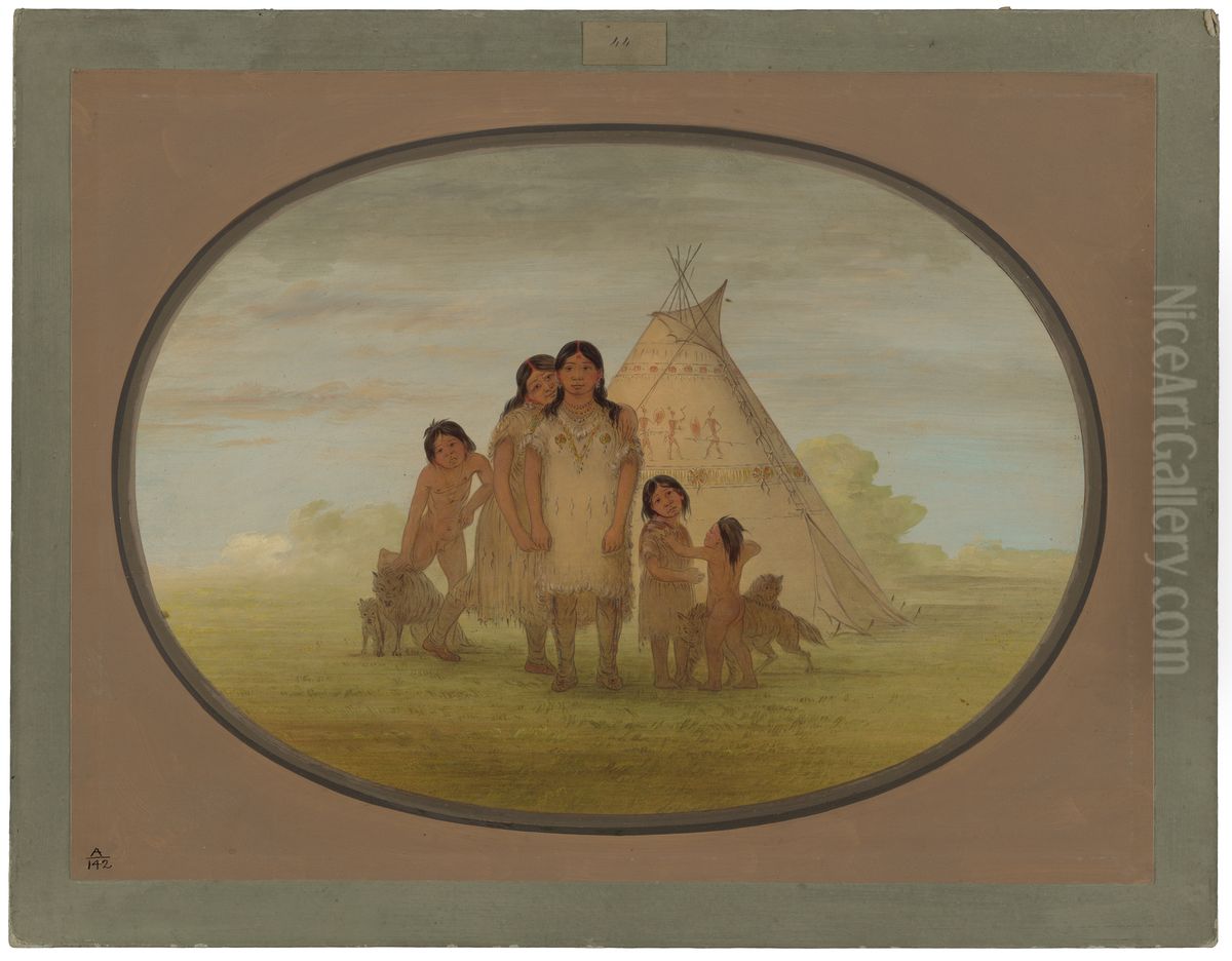 Camanchee Chief's Children and Wigwam Oil Painting by George Catlin