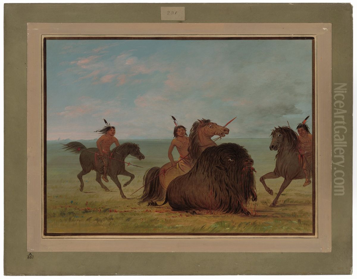 Camanchees Lancing a Buffalo Bull Oil Painting by George Catlin