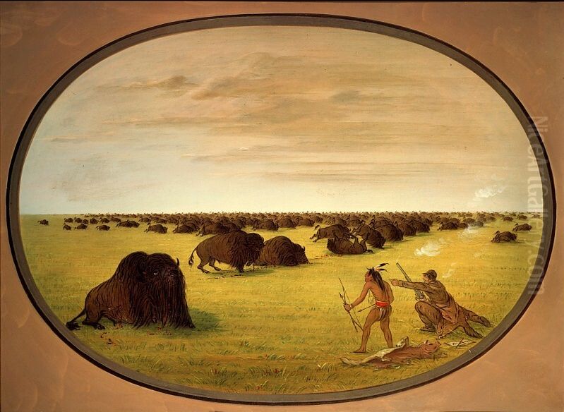 Catlin and Indian Attacking Buffalo Oil Painting by George Catlin