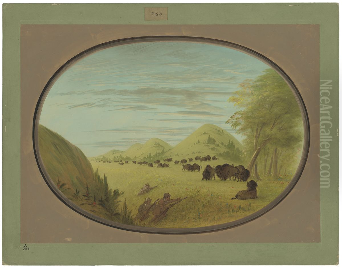 Catlin and Two Companions Shooting Buffalo Oil Painting by George Catlin