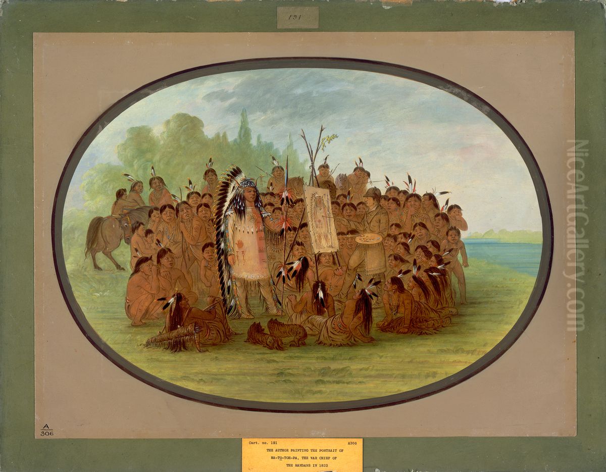 Catlin Painting the Portrait of Mah-to-toh-pa - Mandan Oil Painting by George Catlin