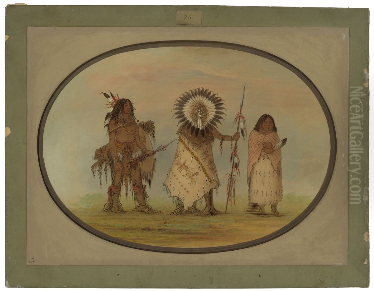 Crow Chief, His Wife, and a Warrior Oil Painting by George Catlin