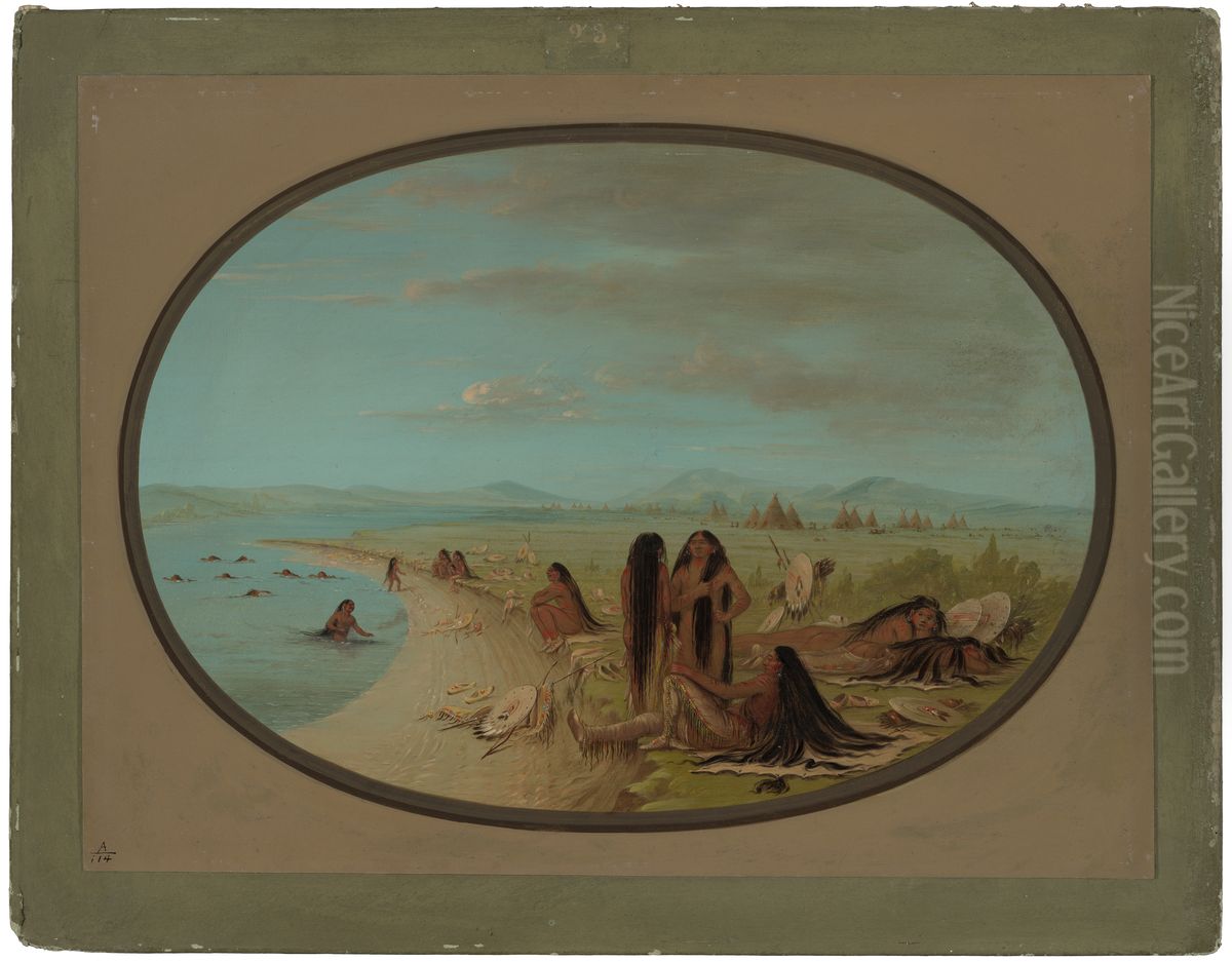 Crow Warriors Bathing Oil Painting by George Catlin