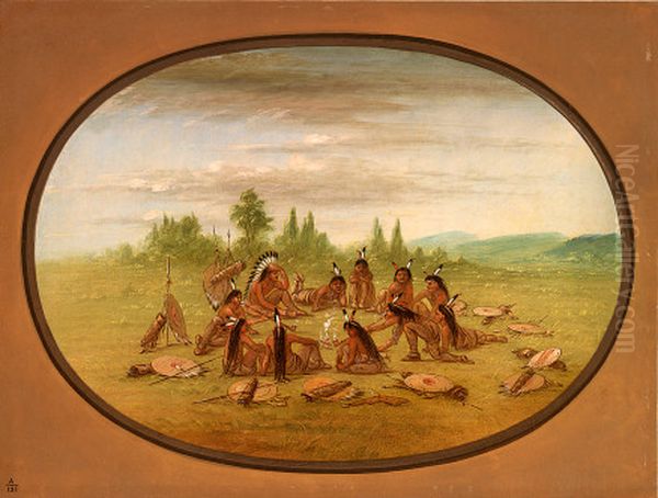 A Foot War Party in Council - Mandan Oil Painting by George Catlin