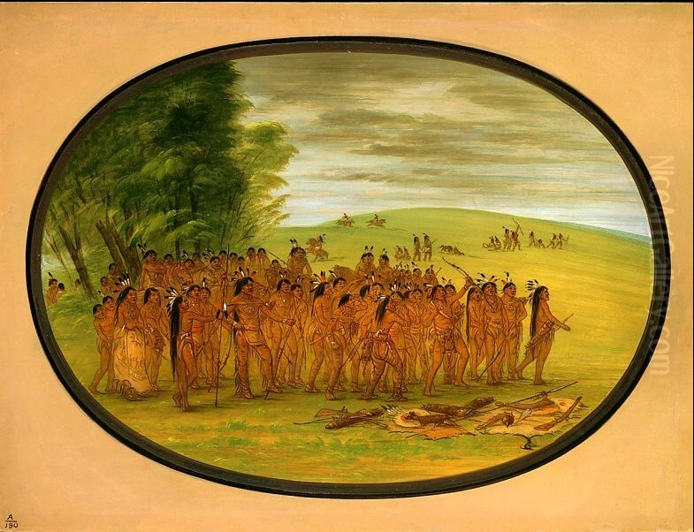 Game of the Arrow - Mandan Oil Painting by George Catlin