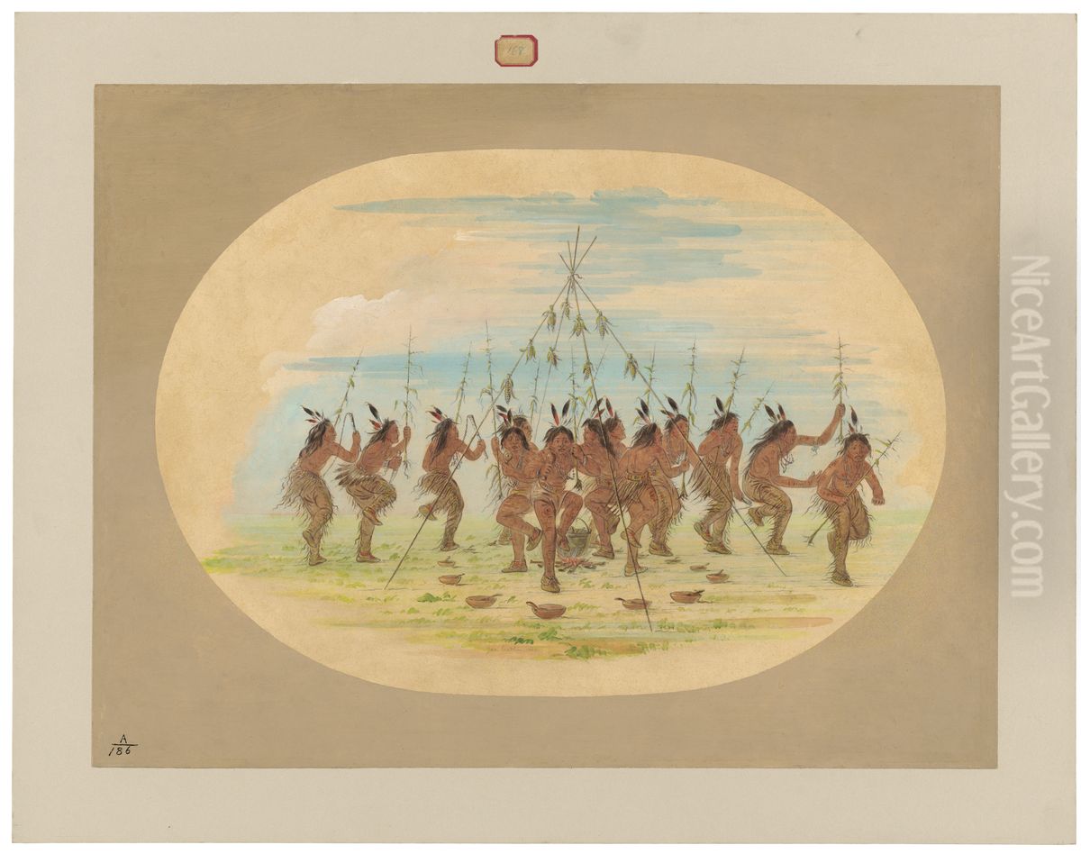 Green Corn Dance - Minatarrees Oil Painting by George Catlin