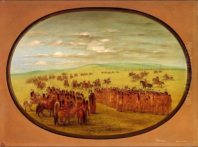 Horse Racing - Minatarrees Oil Painting by George Catlin