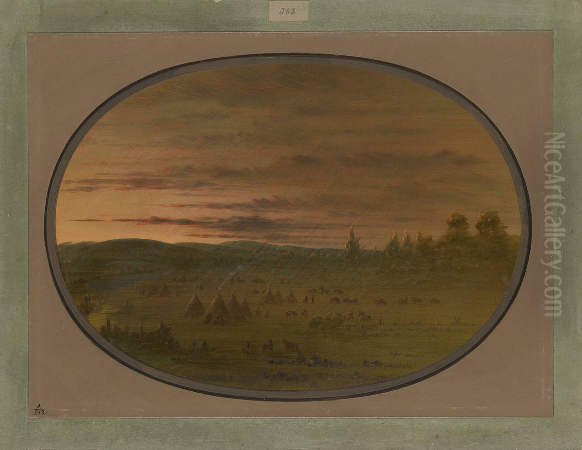 An Indian Encampment at Sunset Oil Painting by George Catlin