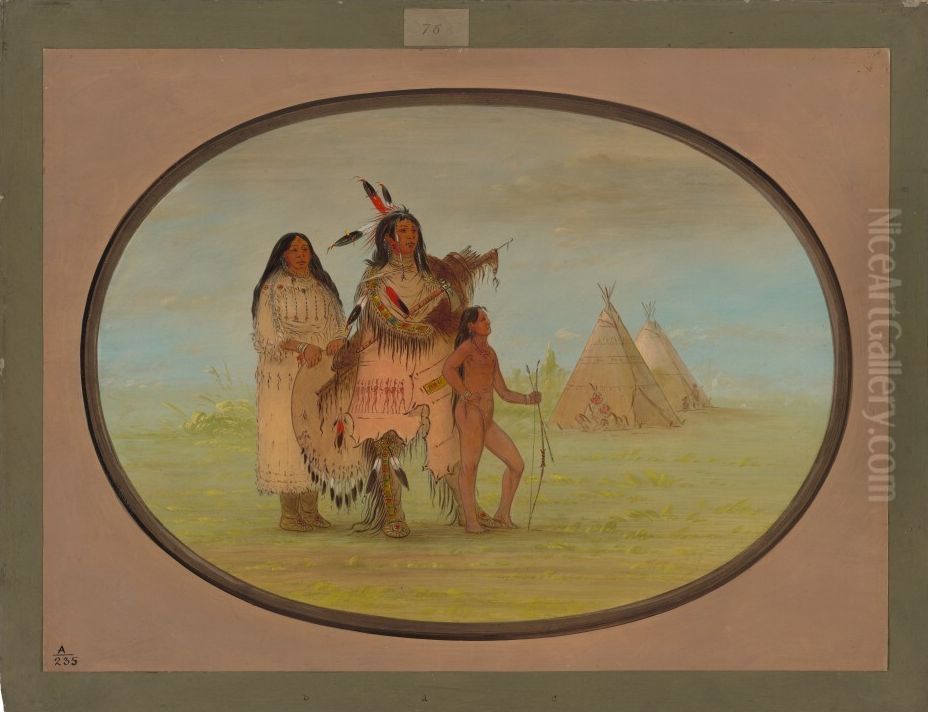 A K'nisteneux Warrior and Family Oil Painting by George Catlin