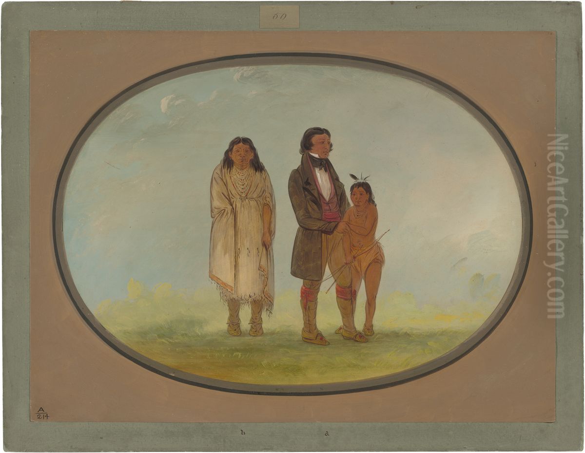 Kaskaskia Chief, His Mother, and Son Oil Painting by George Catlin