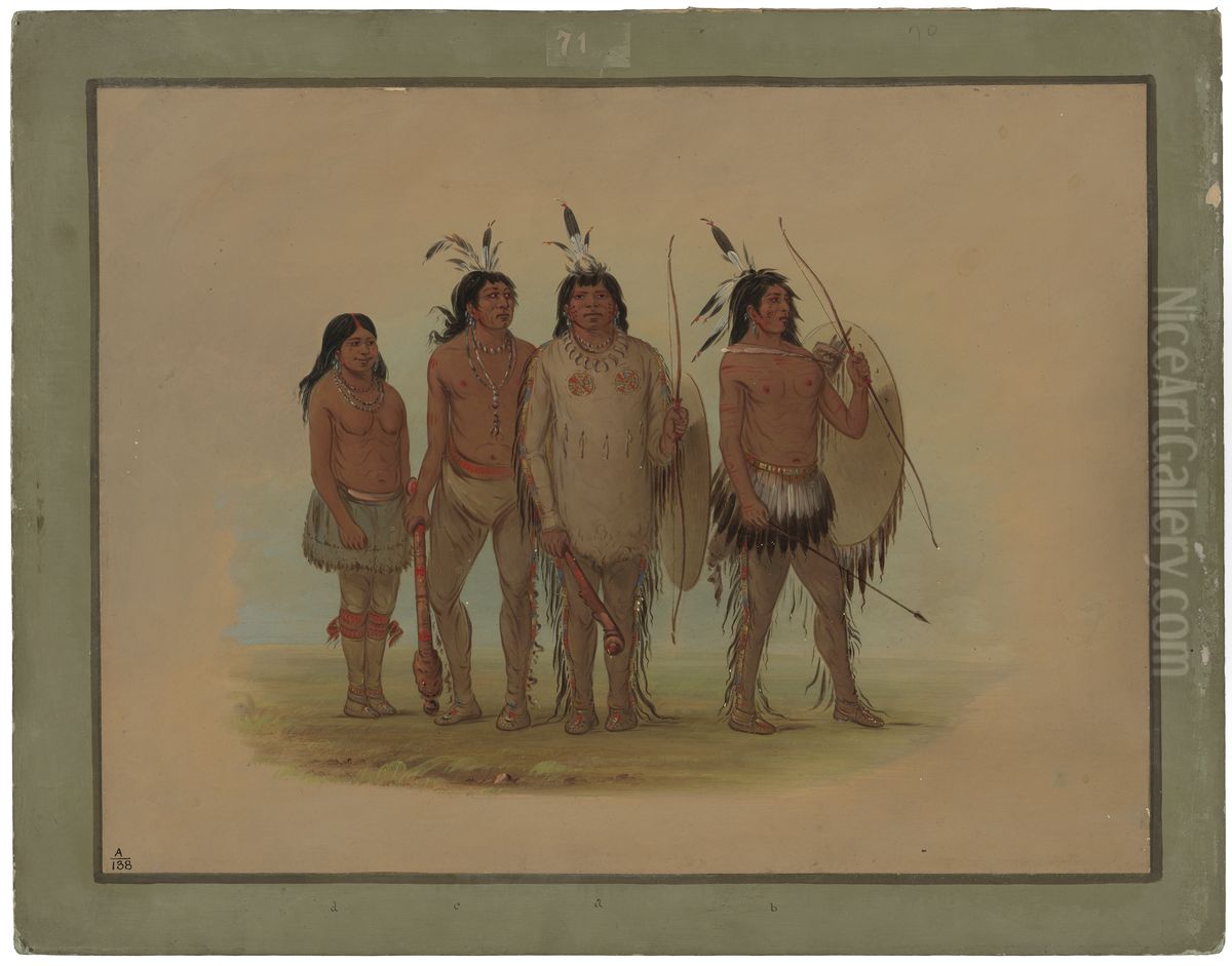 Kiowa Chief, His Wife, and Two Warriors Oil Painting by George Catlin