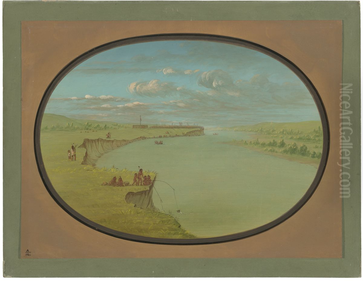Mandan Village - A Distant View Oil Painting by George Catlin
