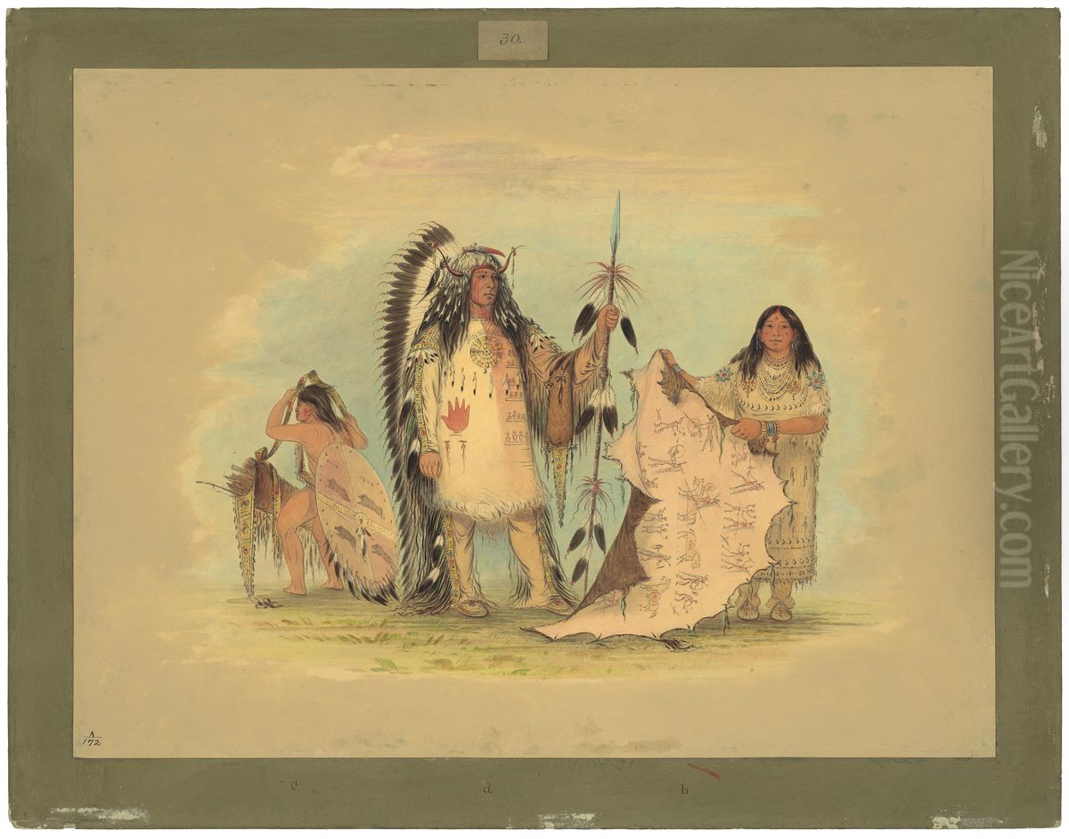 Mandan War Chief with His Favorite Wife Oil Painting by George Catlin