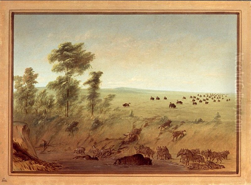 Mired Buffalo and Wolves Oil Painting by George Catlin