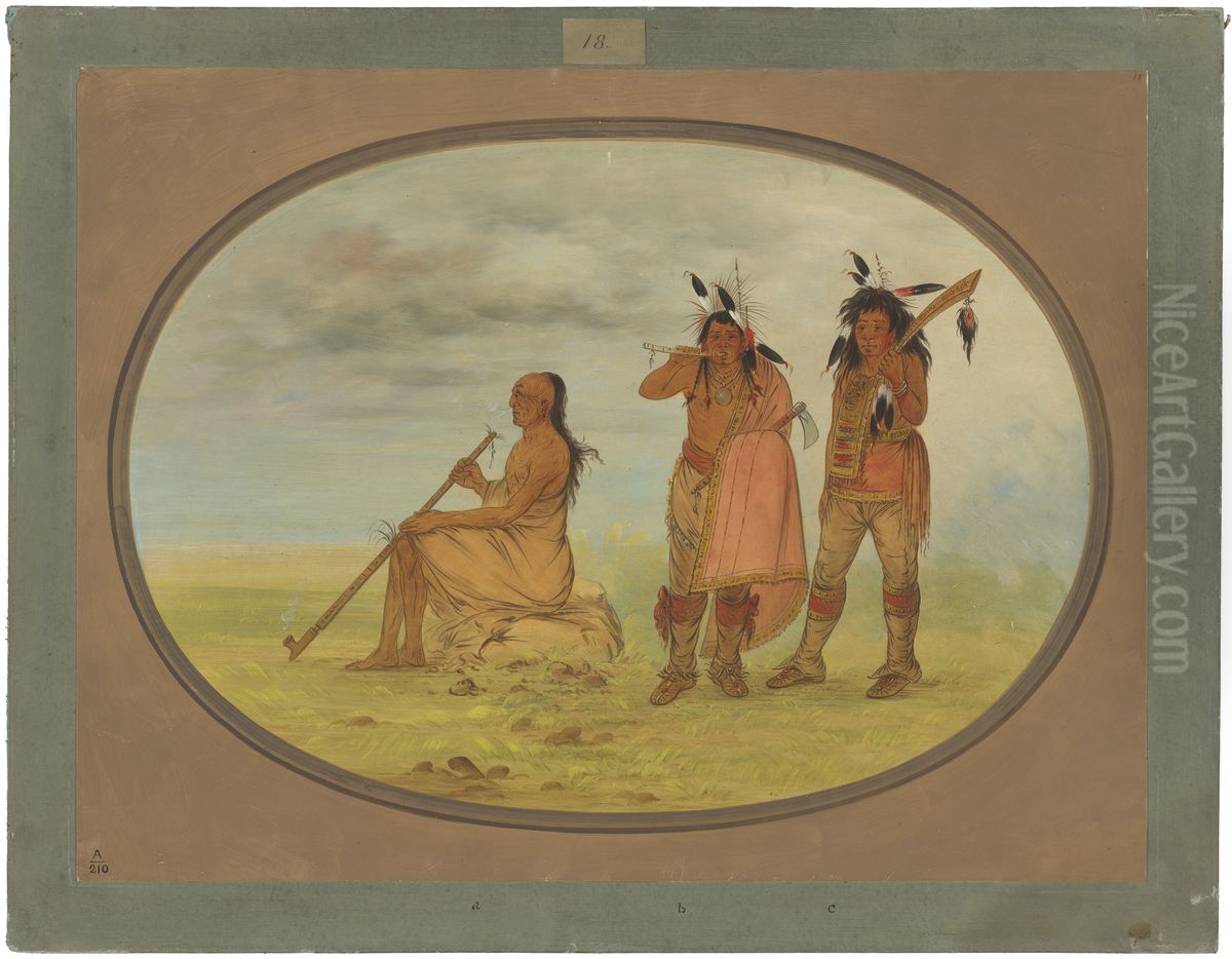 Old Menomonie Chief with Two Young Beaux Oil Painting by George Catlin