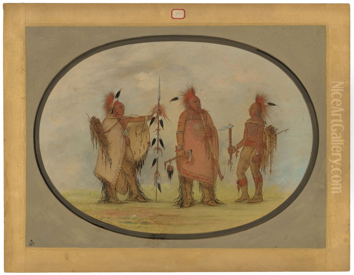 Osage Chief with Two Warriors Oil Painting by George Catlin