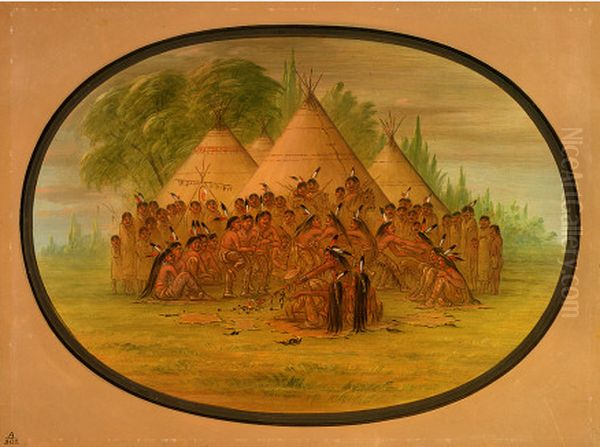 Pipe Dance - Assinneboine Oil Painting by George Catlin