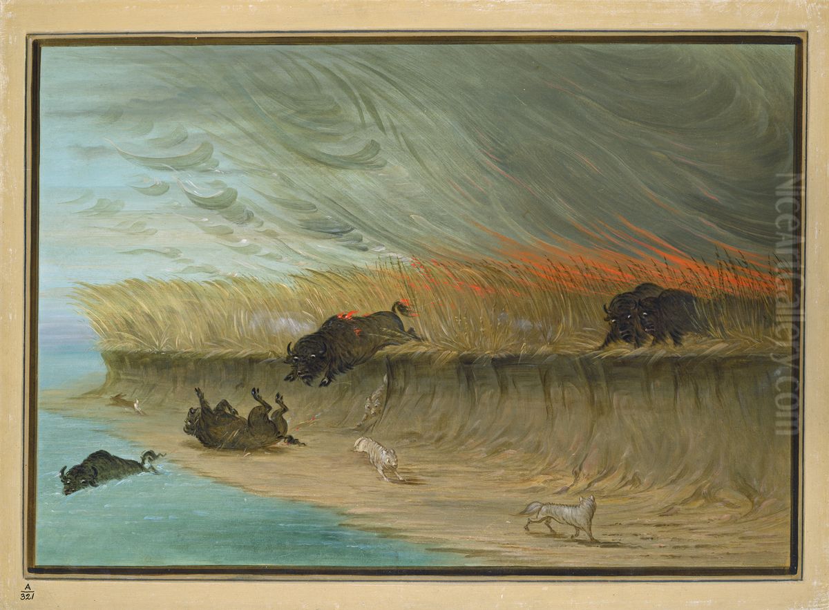 Prairie Meadows Burning Oil Painting by George Catlin