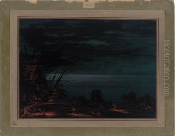 Salmon Spearing - Ottowas Oil Painting by George Catlin