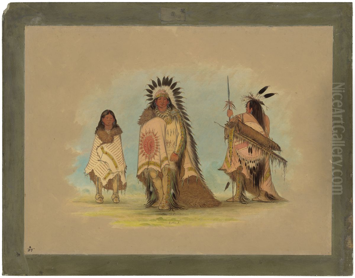 A Sioux Chief, His Daughter, and a Warrior Oil Painting by George Catlin