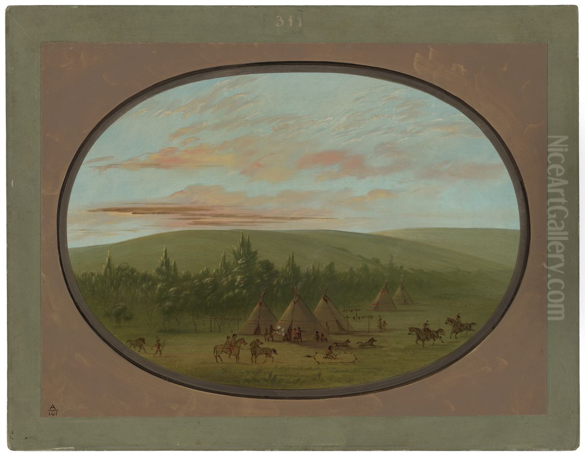 A Sioux Village Oil Painting by George Catlin