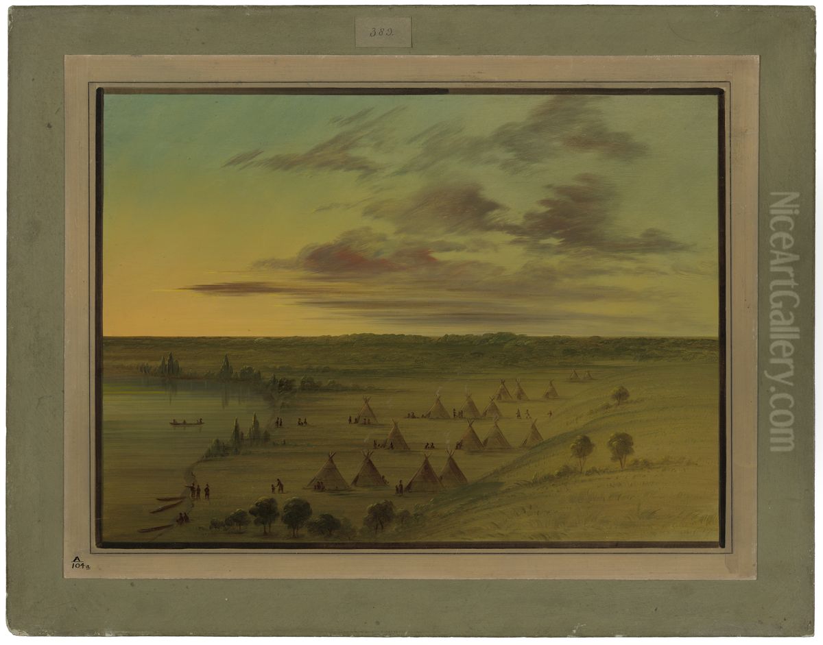 Sioux Village - Lac du Cygne Oil Painting by George Catlin