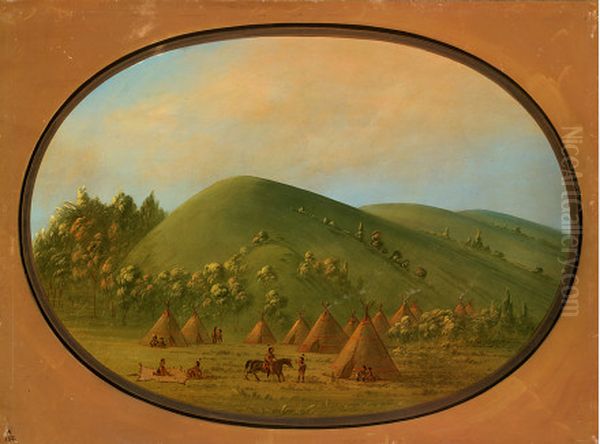 A Small Cheyenne Village Oil Painting by George Catlin