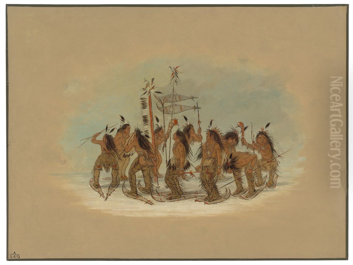 Snow Shoe Dance - Ojibbeway Oil Painting by George Catlin