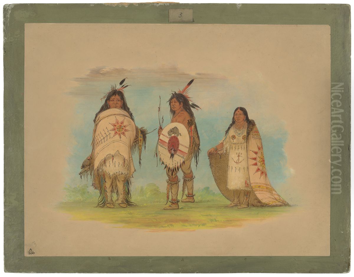 Three Riccarree Indians Oil Painting by George Catlin