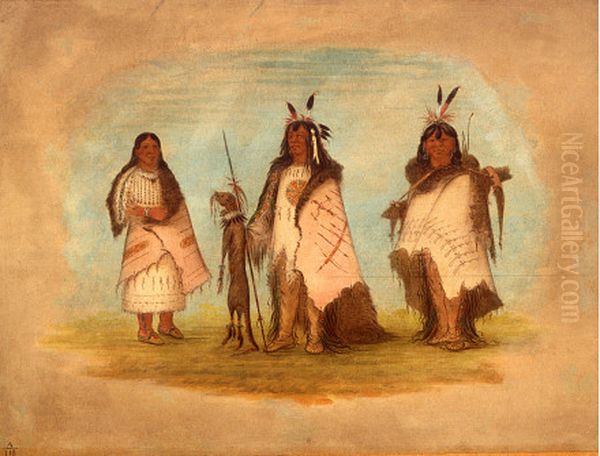 Two Blackfoot Warriors and a Woman Oil Painting by George Catlin