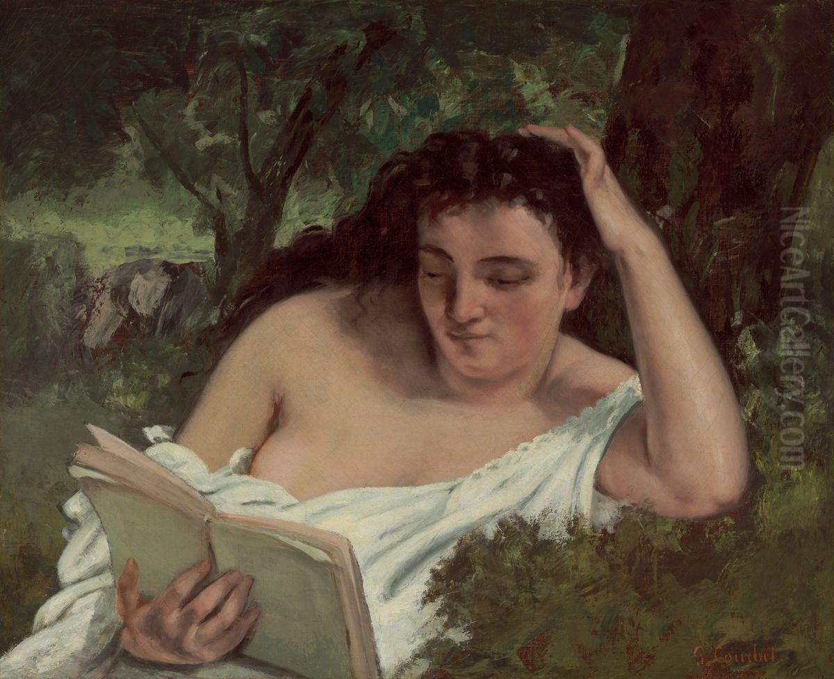 A Young Woman Reading Oil Painting by Gustave Courbet