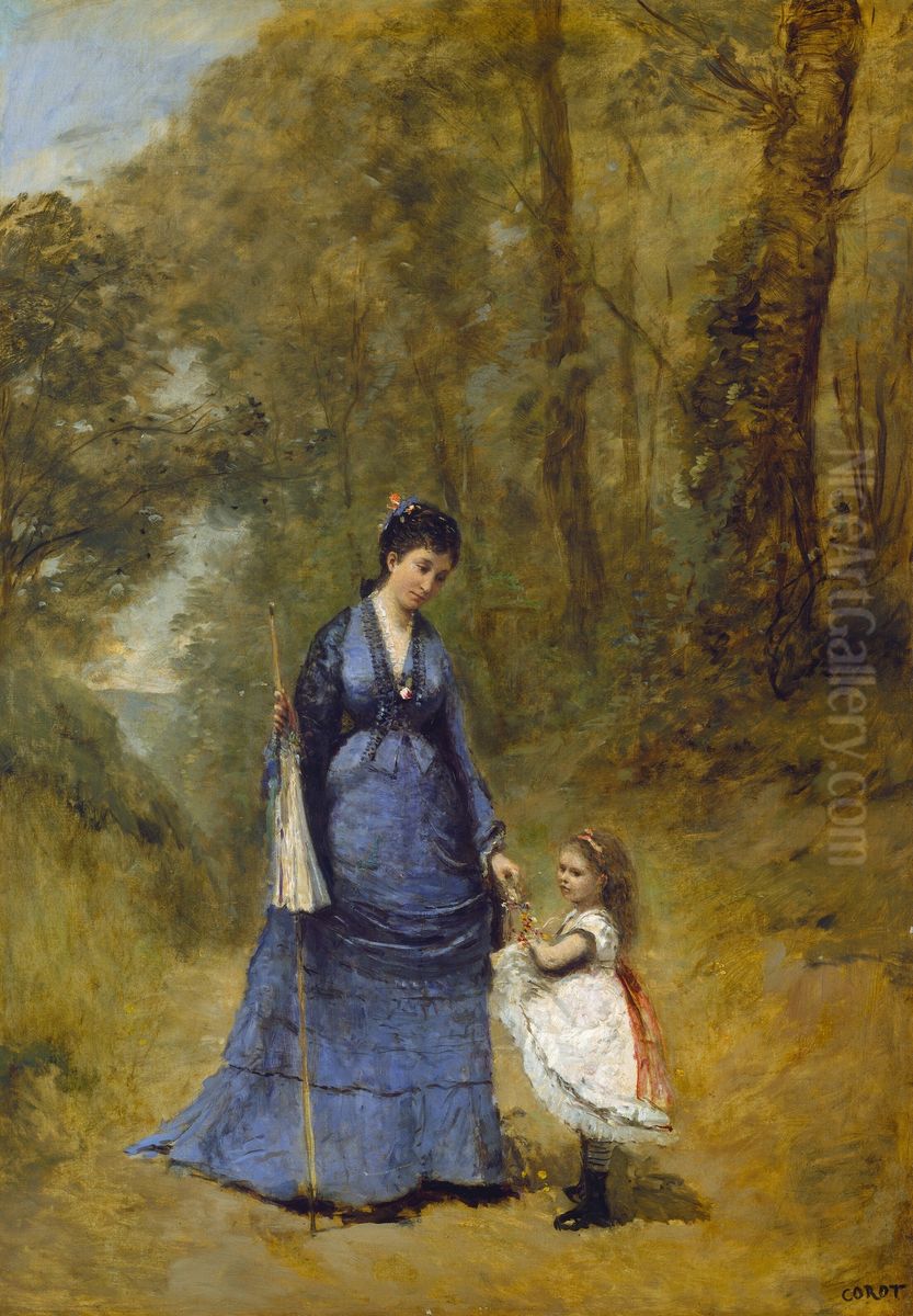 Madame Stumpf and Her Daughter Oil Painting by Jean-Baptiste Camille Corot