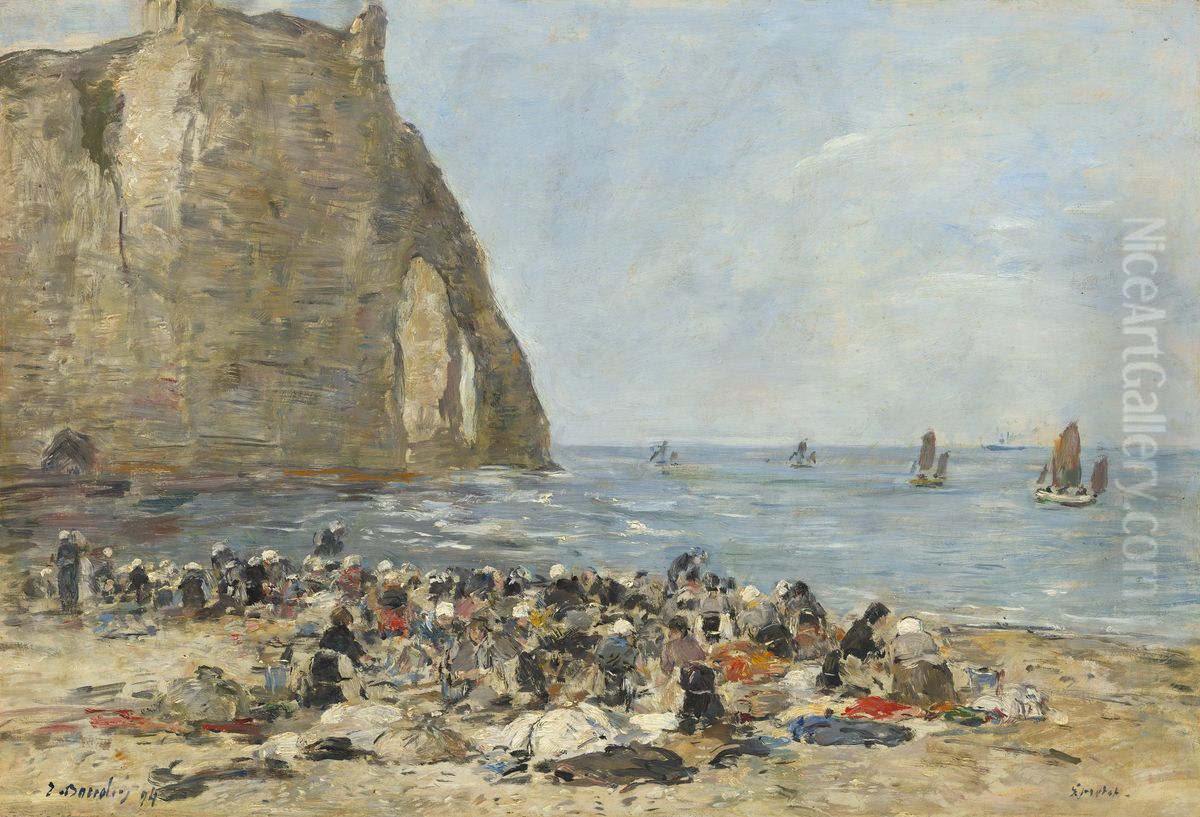 Washerwomen on the Beach of Etretat Oil Painting by Eugene Louis Boudin