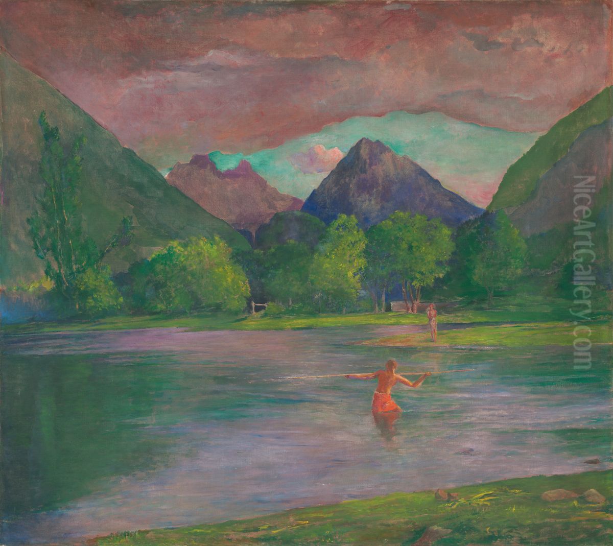 The Entrance to the Tautira River, Tahiti. Fisherman Spearing a Fish Oil Painting by John La Farge