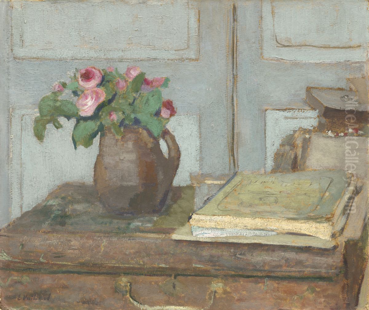The Artist's Paint Box and Moss Roses Oil Painting by Jean-Edouard Vuillard