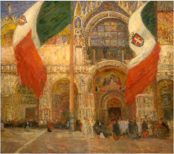 The Flags, Saint Mark's, Venice - Fete Day Oil Painting by Eugene Lawrence Vail
