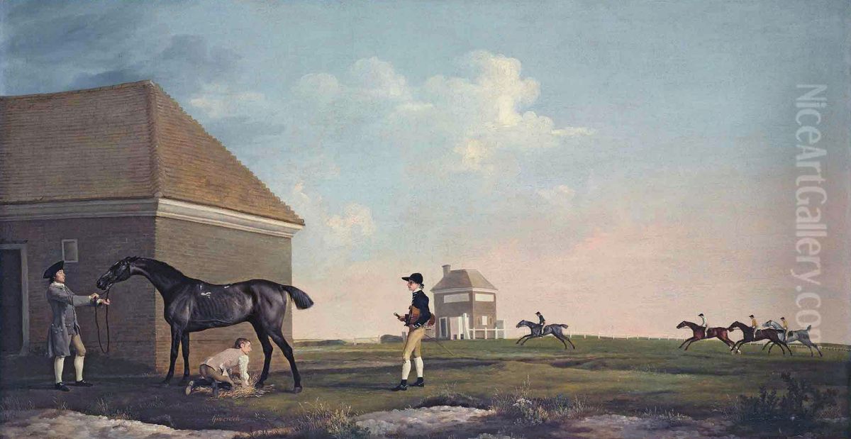 Gimcrack on Newmarket Heath, with a Trainer, a Stable-lad, and a Jockey Oil Painting by George Stubbs