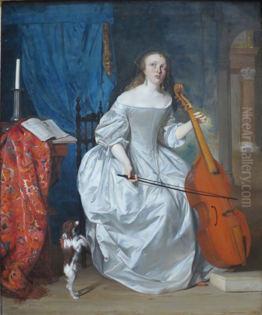Woman Playing a Viola de gamba Oil Painting by Gabriel Metsu