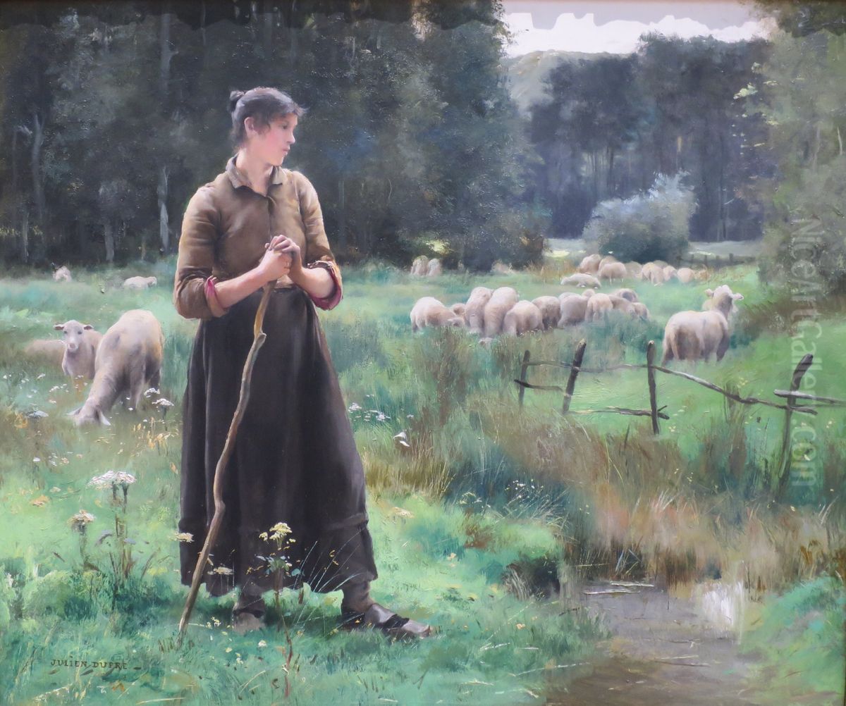 Peasant Girl with Sheep Oil Painting by Julien Dupre