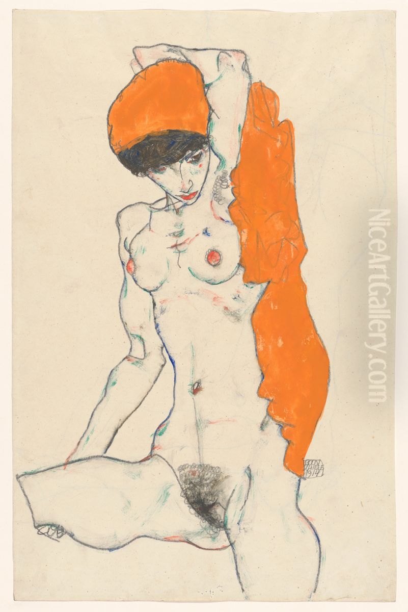 Standing Nude with Orange Drapery Oil Painting by Egon Schiele