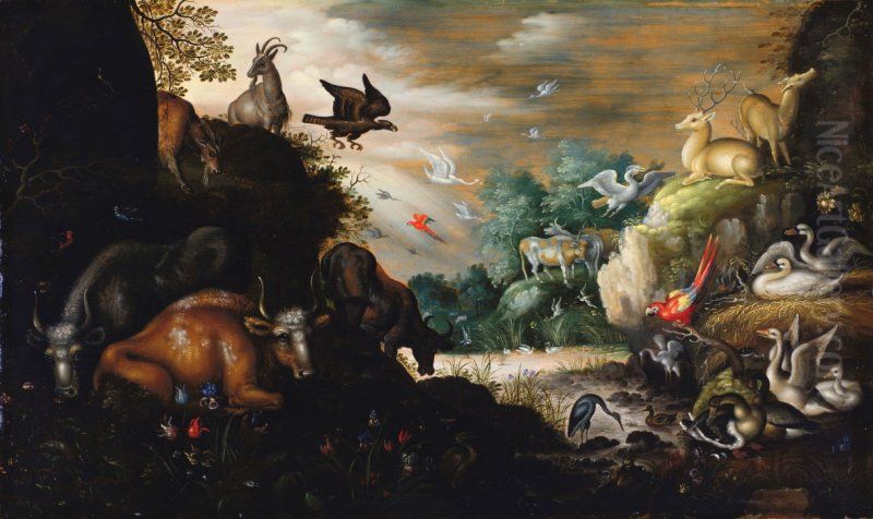 Multitude of Animals and Foul in a Forest Glen Oil Painting by Roelant Savery