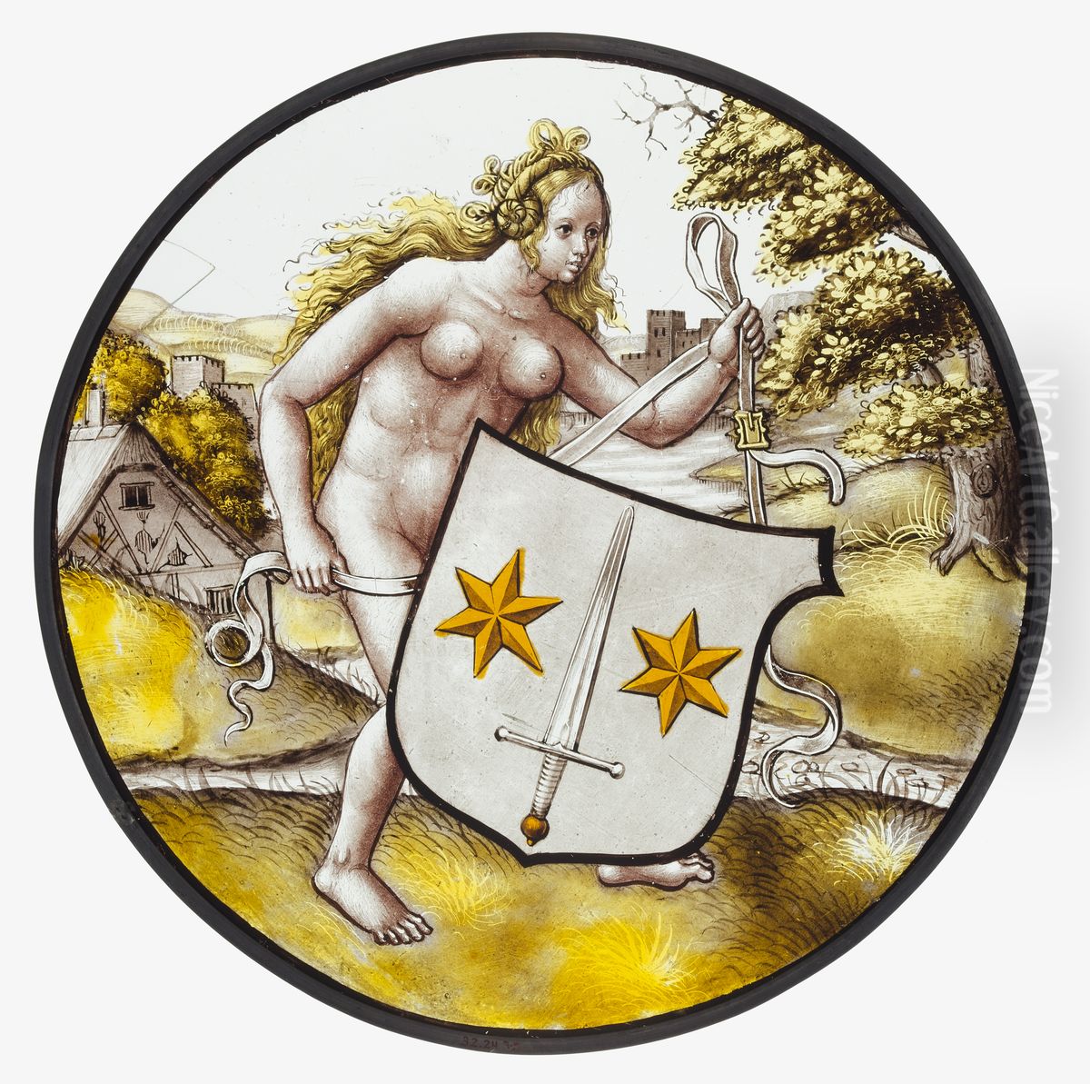 Roundel with Nude Woman Supporting a Heraldic Shield Oil Painting by Jan Gossaert
