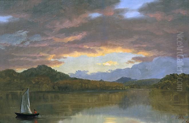 Sunset on Catskill Lake Oil Painting by Frederic Edwin Church