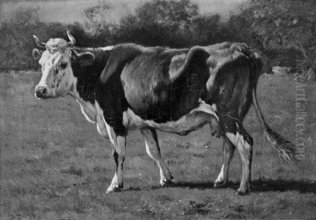 Study of a Cow Oil Painting by Emile Van Marcke De Lumman