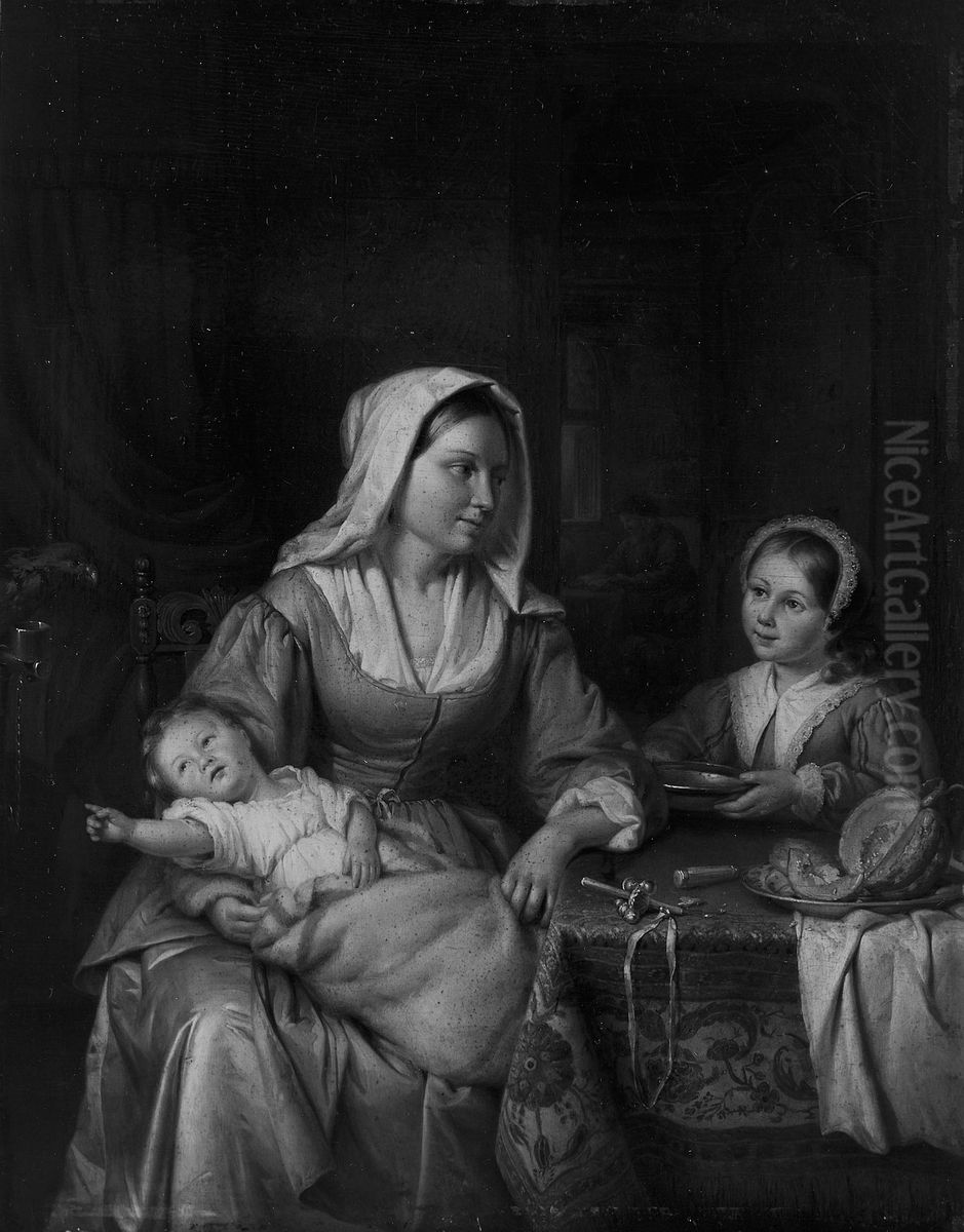 Mother and Two Children with Still Life Oil Painting by Adriaan de Lelie
