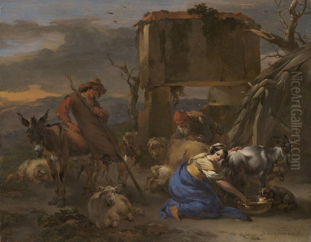 Pastoral Scene with a Shepherdess Milking a Goat Oil Painting by Nicolaes Pieterszoon Berchem