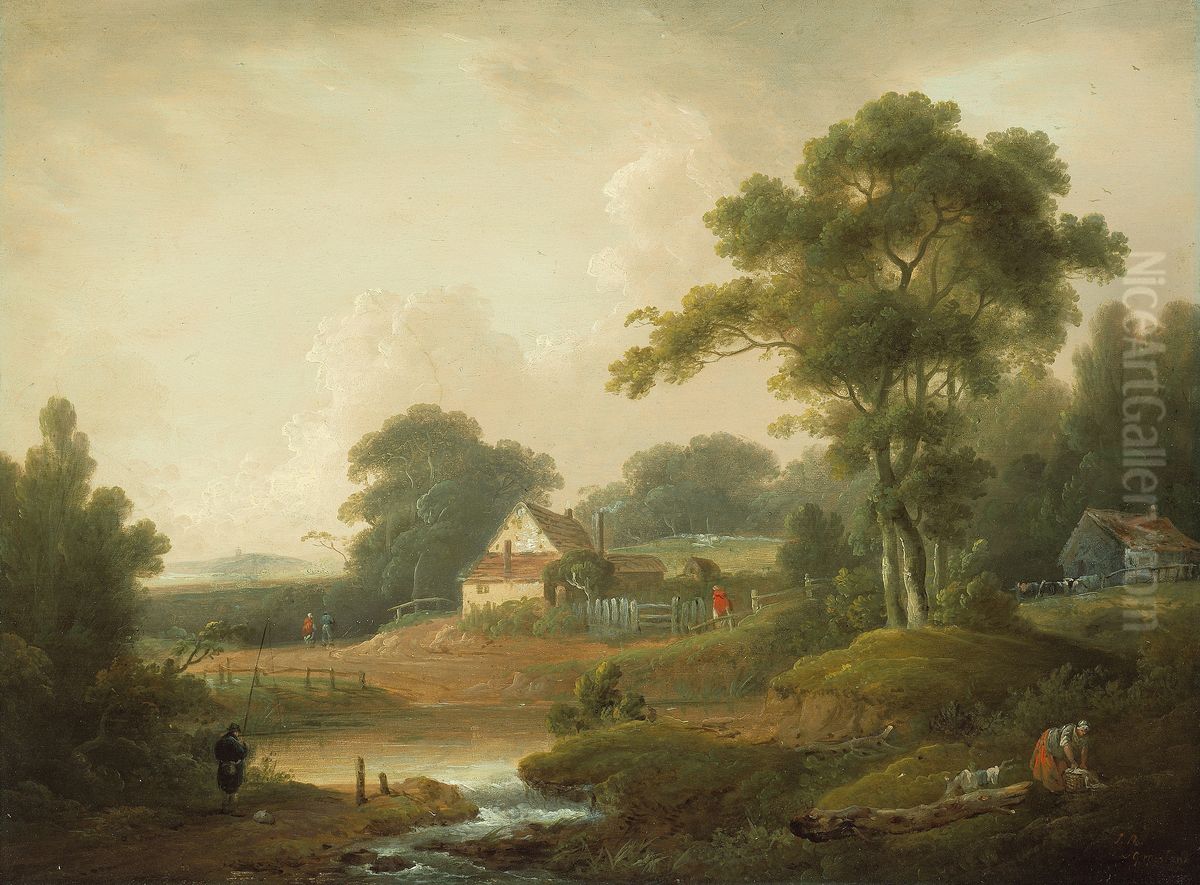 Landscape with Fisherman and Washerwoman Oil Painting by John Rathbone