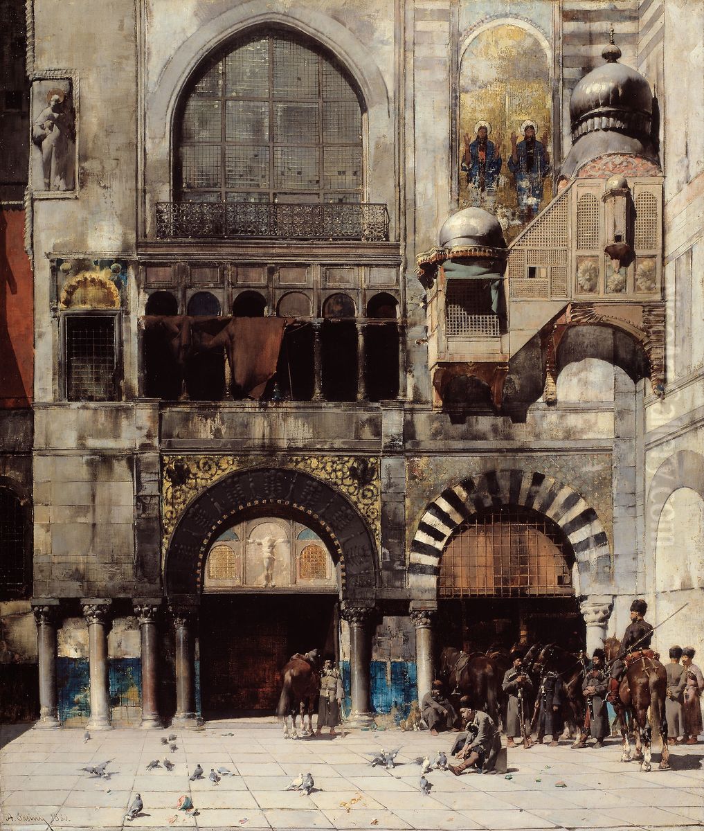Circassian Cavalry Awaiting their Commanding Officer at the Door of a Byzantine Monument; Memory of the Orient Oil Painting by Alberto Pasini