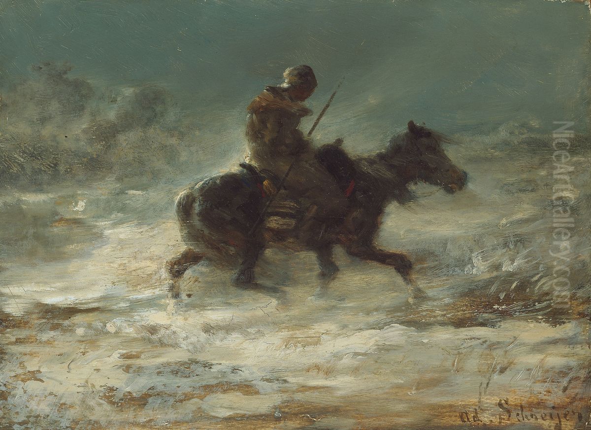 Man with Lance Riding through the Snow Oil Painting by Adolf Schreyer