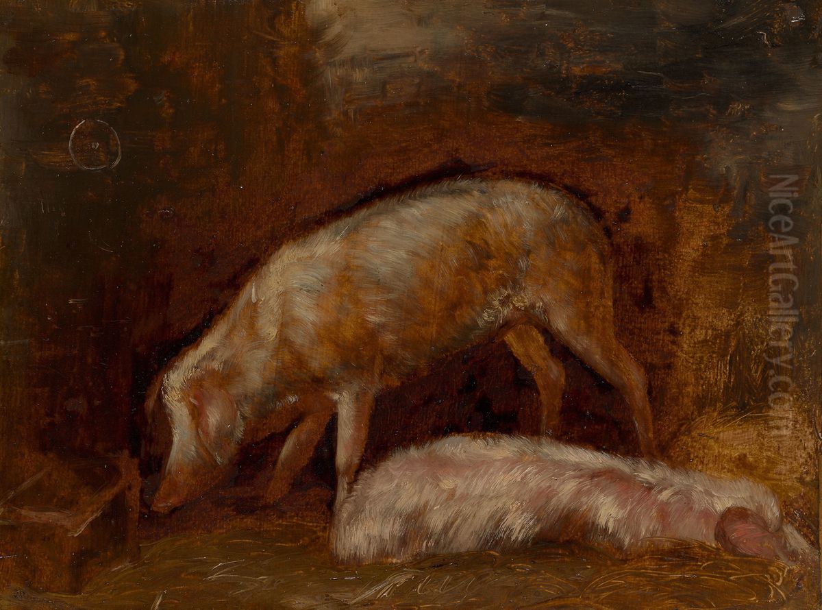 Study of Pigs Oil Painting by Alexandre-Gabriel Decamps